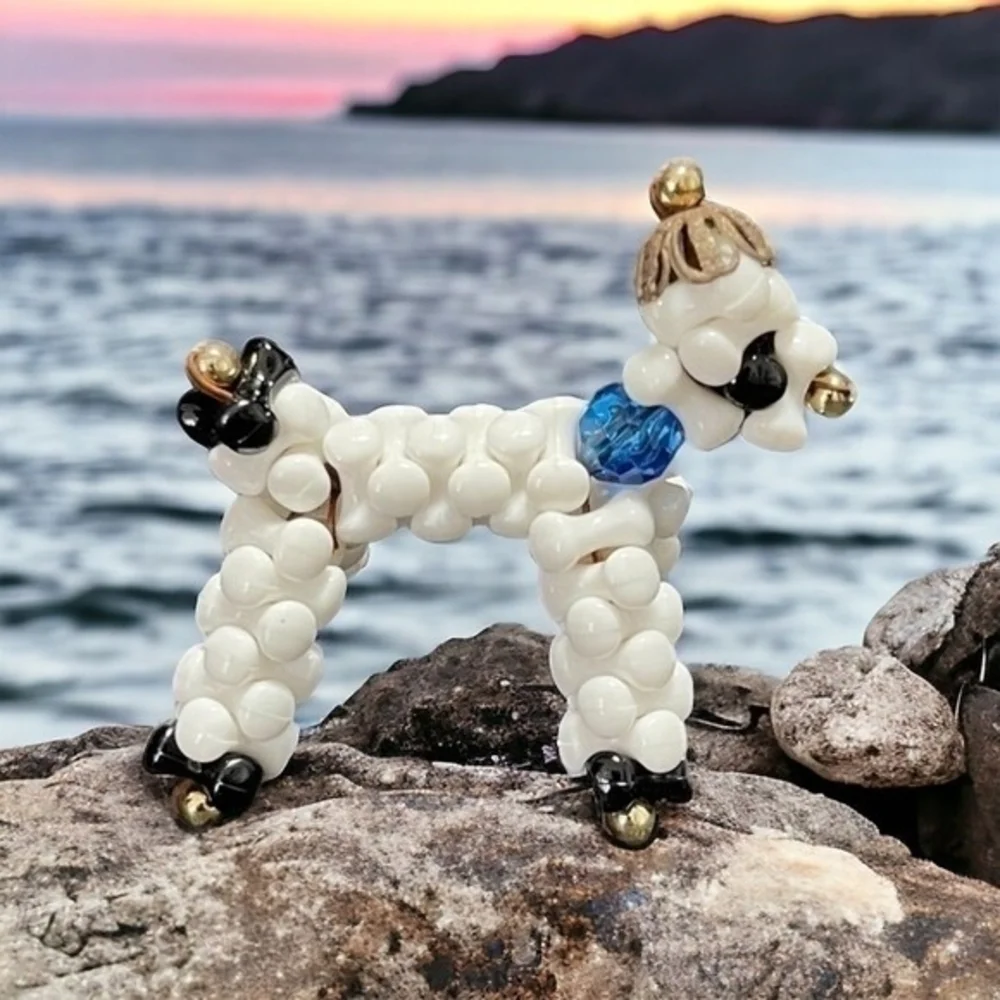 Vintage Artisan White Beads Poodle Statue Dog Figurine Dog Lover Gift Souvenir